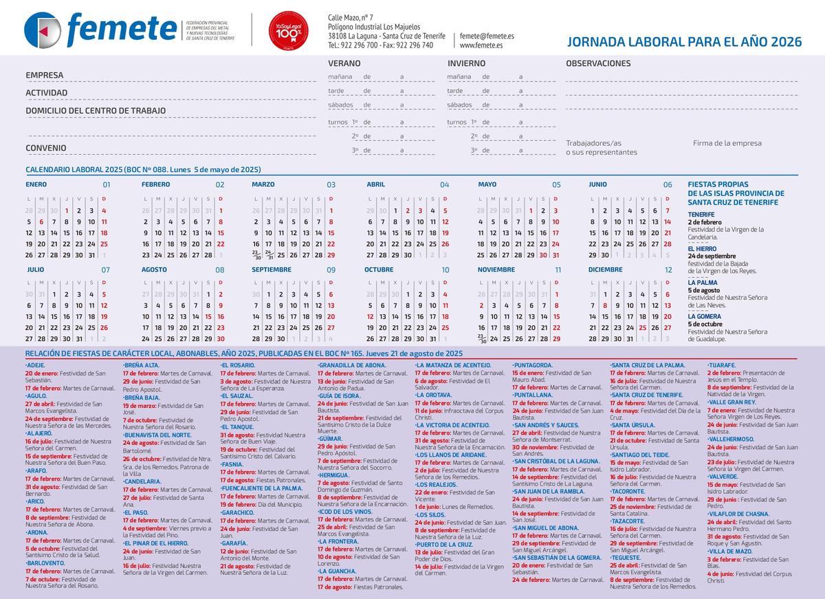 Calendario laboral 2026 en la provincia de Santa Cruz de Tenerife