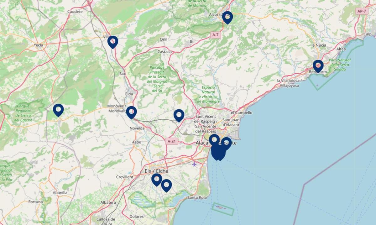 Estaciones de medición de contaminantes instaladas en la provincia de Alicante dentro de la Red Valenciana de Vigilancia y Control de la Contaminación Atmosférica
