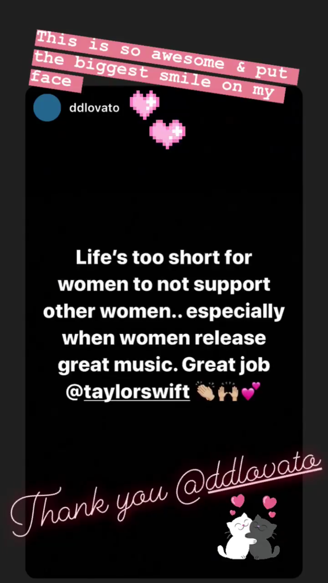 Historia de Taylor Swift en su cuenta de Instagram @taylorswift para Demi Lovato