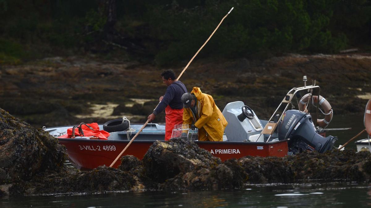 Mariscadores de a flote buscando un lugar en el que aprovisionarse, cerca de Cortegada, ayer.