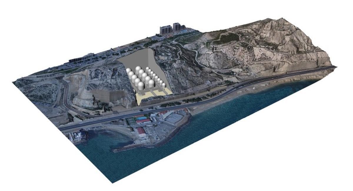 Reconstrucción 3D de los depósitos que hay bajo la Serra Grossa. Los dos grandes que hay más alejados del mar no se llegaron a construir pero constaban en el proyecto en hace 80 años