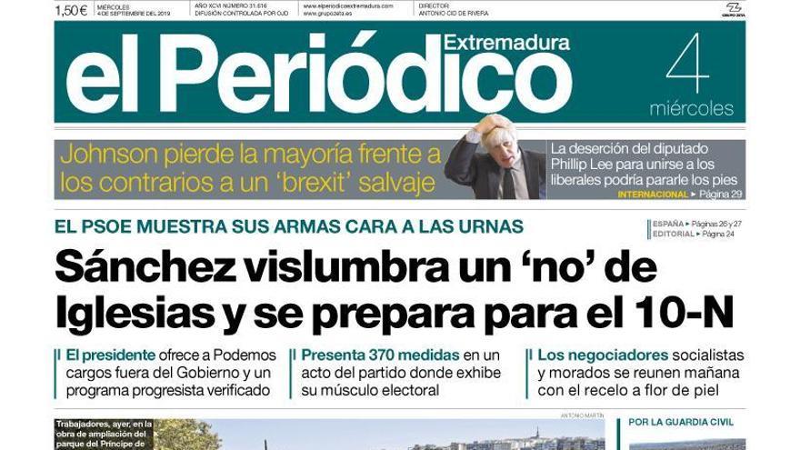 Esta es la portada de EL PERIÓDICO EXTREMADURA correspondiente al día 4 de septiembre del 2019