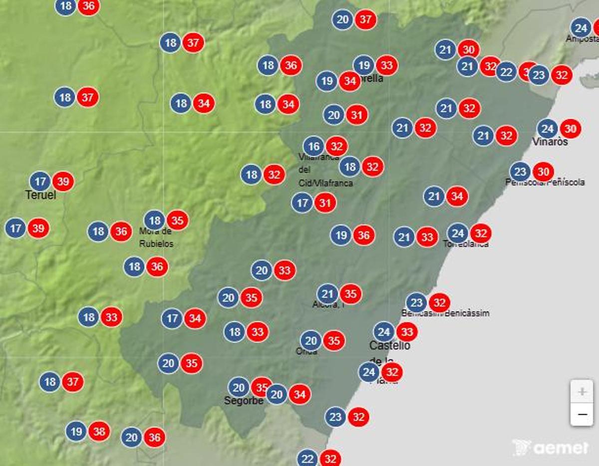Temperaturas máximas y mínimas previstas en Castellón para el próximo martes.