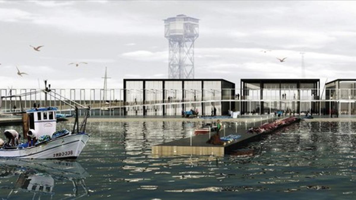 Imagen virtual de los edificios y la pasarela del futuro puerto  de pescadores en la Barceloneta.