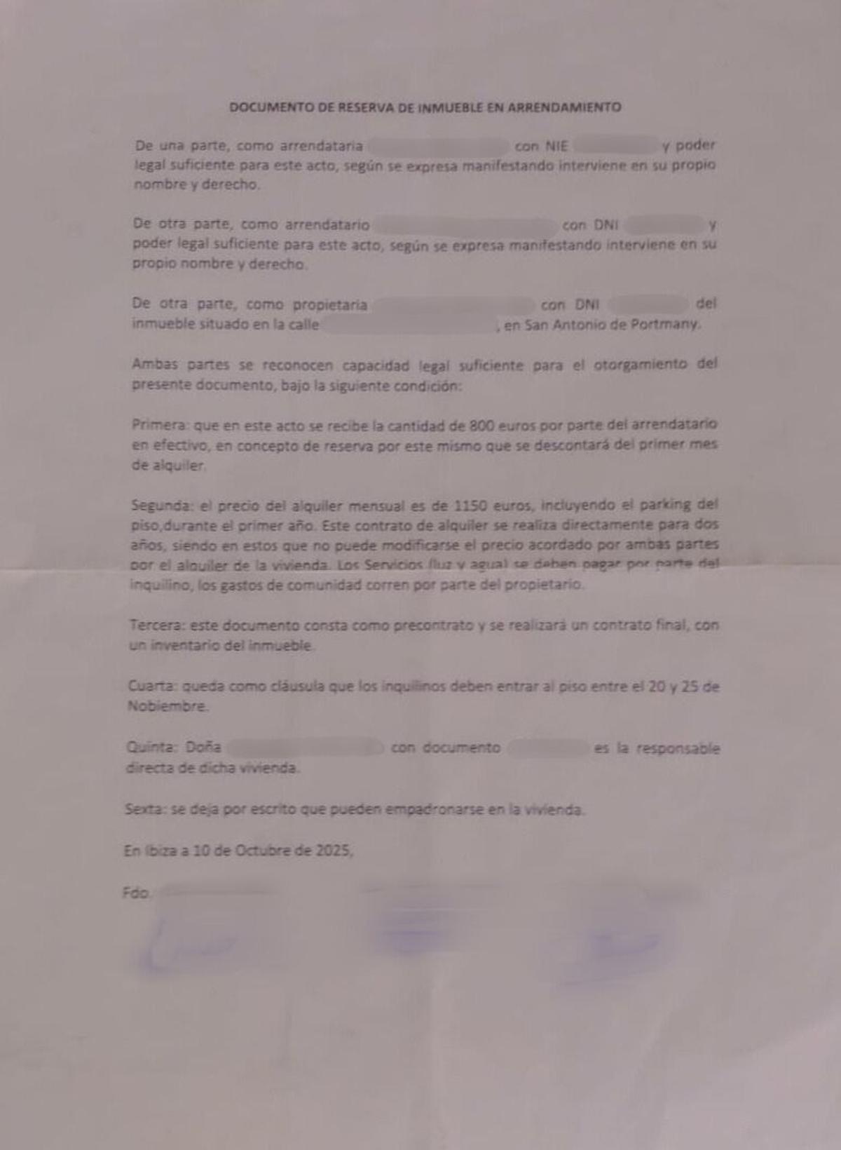 Uno de los falsos precontratos de la estafa