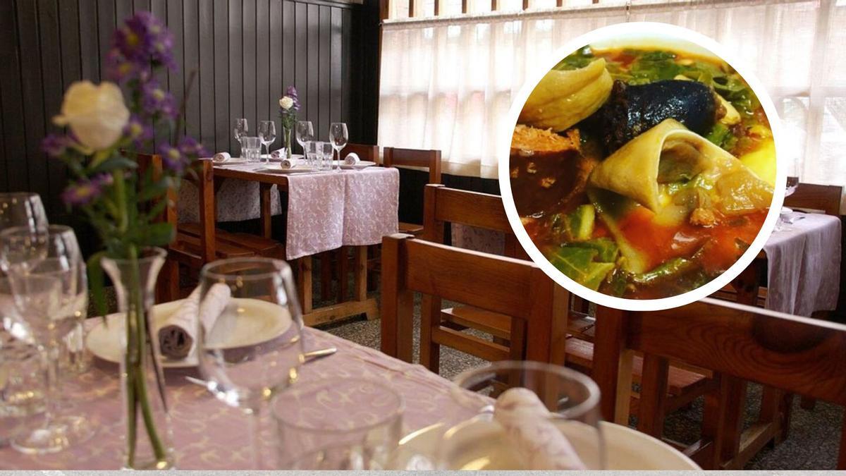 Restaurante Abrelatas de Pola de Siero, y en el círculo, su pote asturiano
