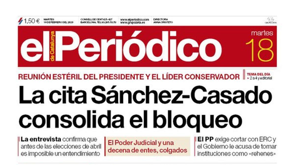 La portada de EL PERIÓDICO del 18 de febrero del 2020.