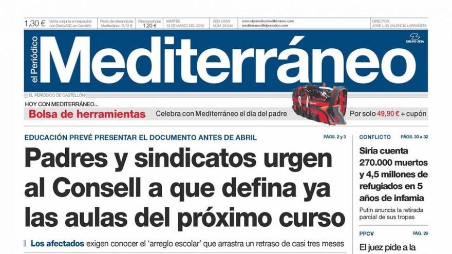 Padres y sindicatos urgen al Consell a que defina ya las aulas del próximo curso, hoy en la portada de El Periódico Mediterráneo