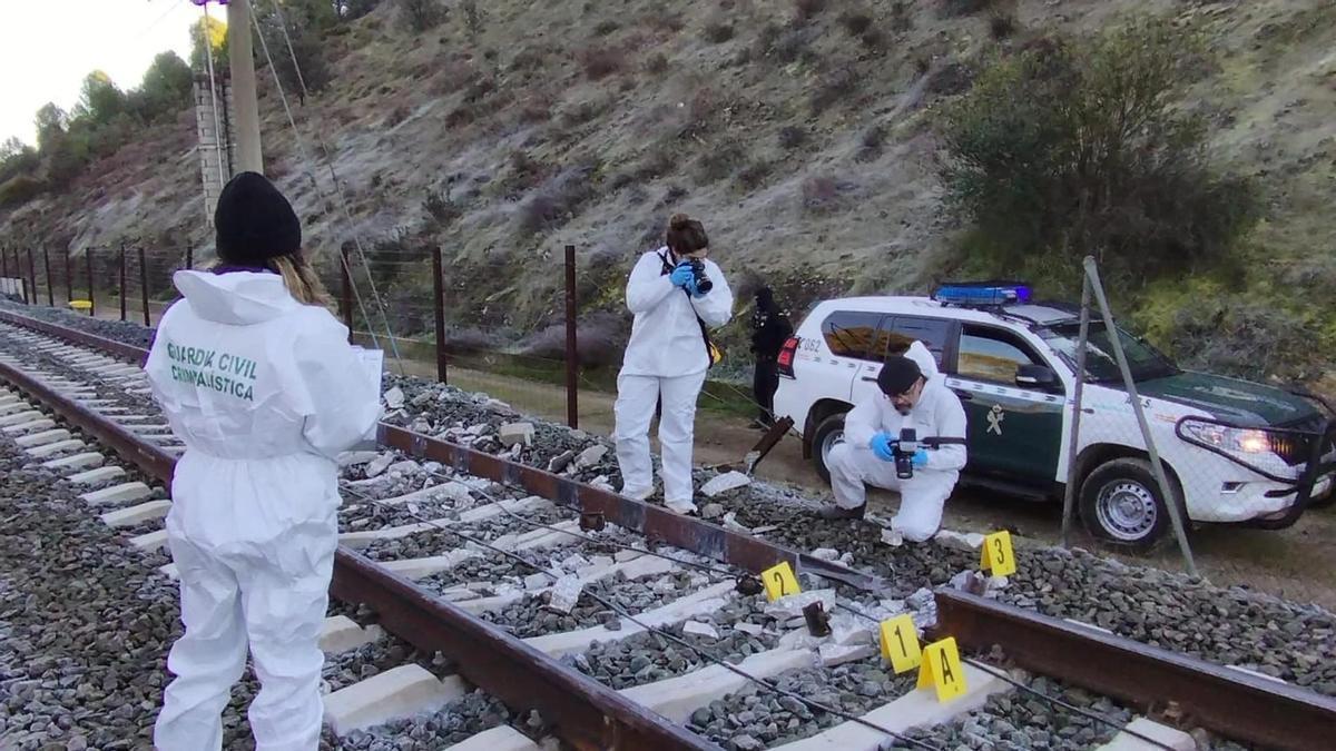 Expertos de la Guardia Civil analizan el carril roto.