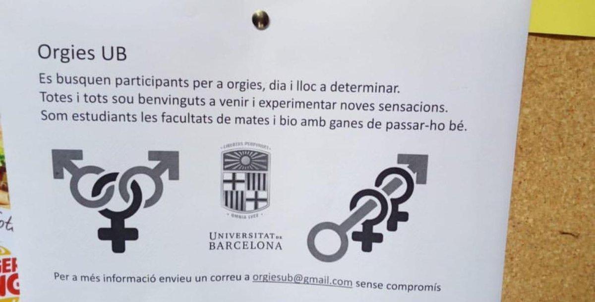 Así es el cartel que invita a participar en una orgía colgado en los paneles de la facultad de Matemàtiques de la UB Así es el cartel que invita a participar en una orgía colgado en los paneles de la facultad de Matemàtiques de la UB