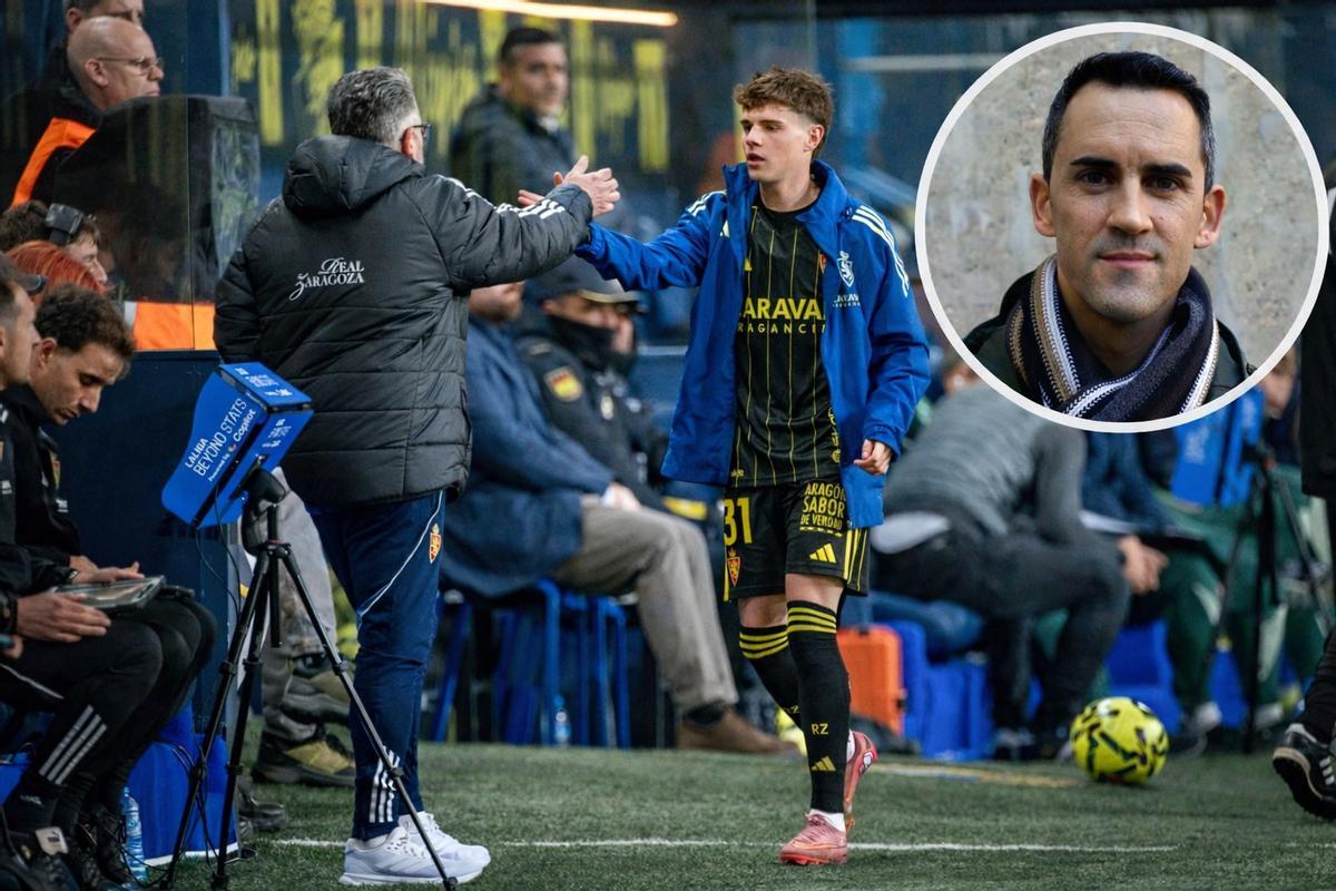 Hugo Pinilla saluda a Néstor Pérez, segundo entrenador del Zaragoza, tras ser cambiado en Cádiz. A la derecha, Miguel Linares.