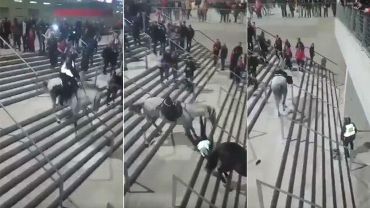 La increíble caída de un policia a caballo en el Wanda Metropolitano