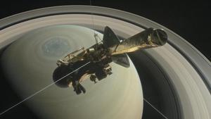 Simulación de la sonda espacial ’Cassini’ durante la fase final de acercamiento a Saturno.