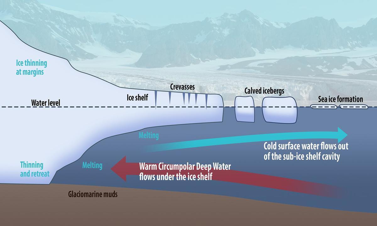 Forma en que el agua caliente del mar va socavando la parte inferior del glaciar