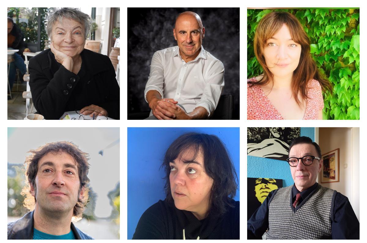 Autors i autores del MOT 2023. D’esquerra a dreta per fileres, Dominique Manotti, Silvestre Vilaplana, Míriam Cano, Jordi Dausà, Lolita Bosch i Keko Godoy.
