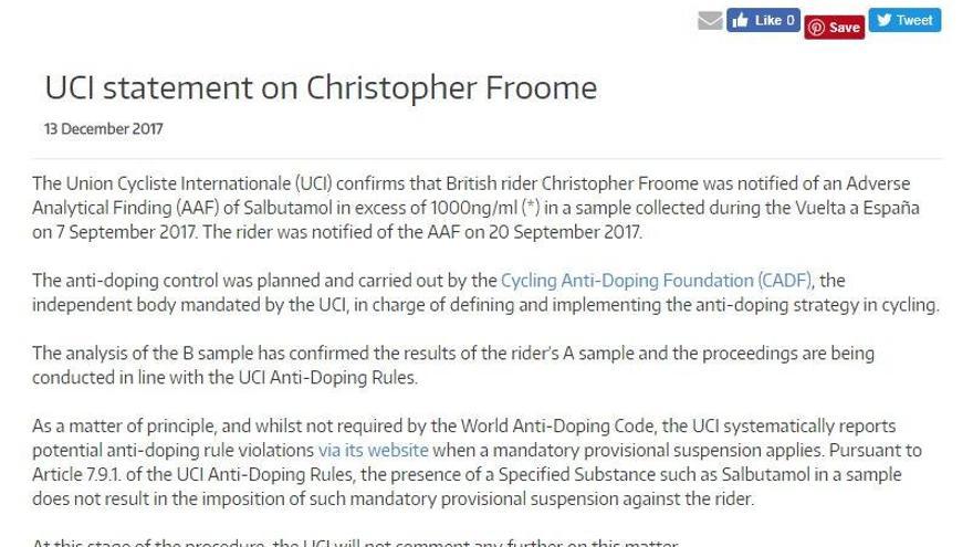 El comunicado de la UCI en el que anuncia el positivo de Froome. / FdV