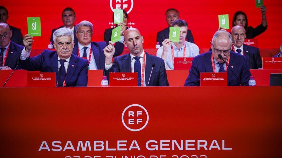 Pedro Rocha, vicepresidente de la Federación, a la izquierda de Luis Rubiales durante la votación de los presupuestos de la RFEF.