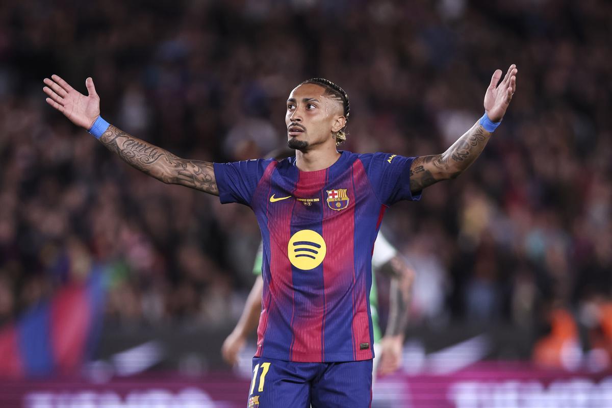 Raphinha of FC Barcelona celebrates a goal during the Spanish league, LaLiga EA Sports, football match played between FC Barcelona and Real Betis at Spotify Camp Nou stadium on May 17, 2026 in Barcelona, Spain. AFP7 17/05/2026 ONLY FOR USE IN SPAIN