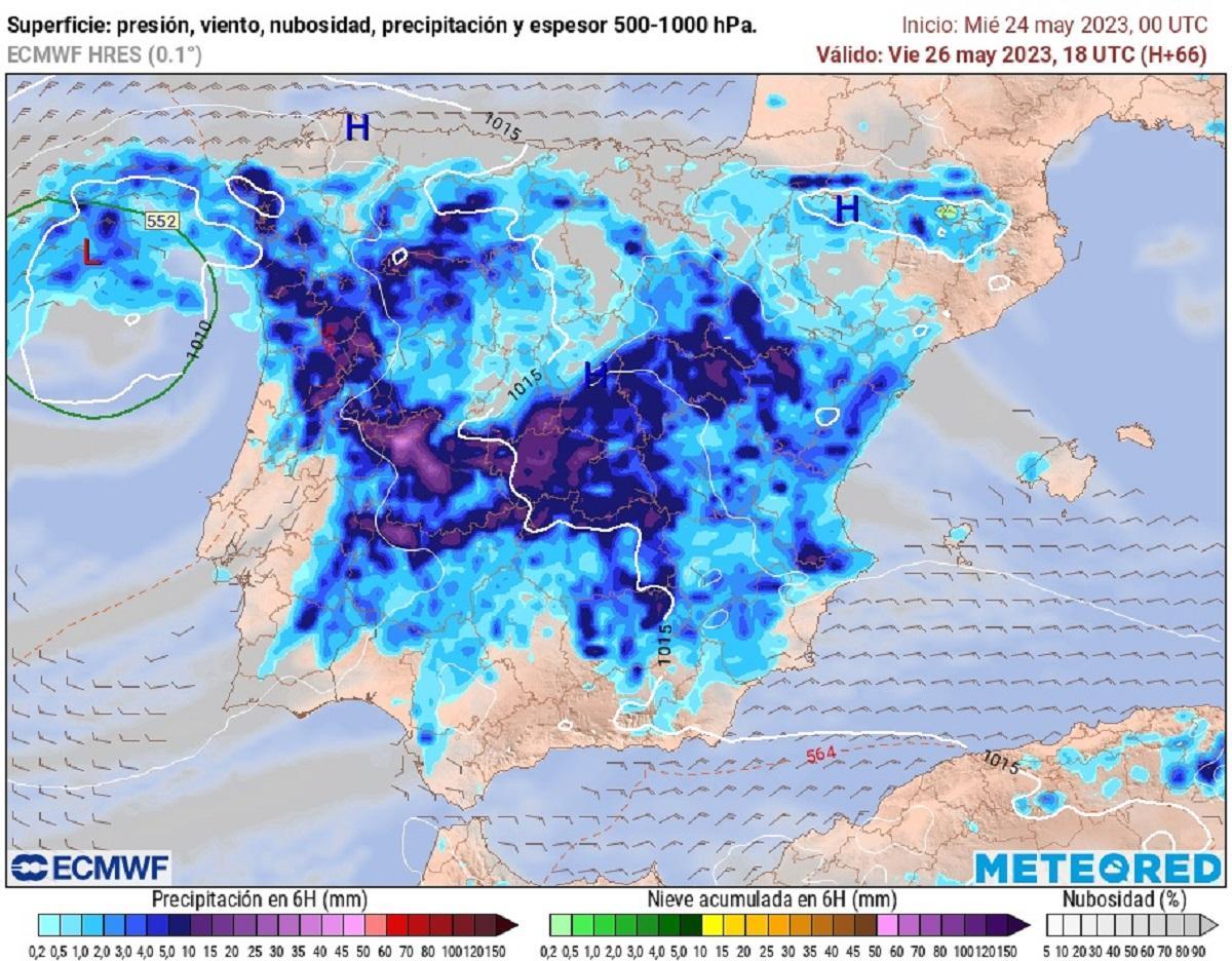 Mapa con la previsión de lluvia del modelo ECMWF para la tarde de este viernes