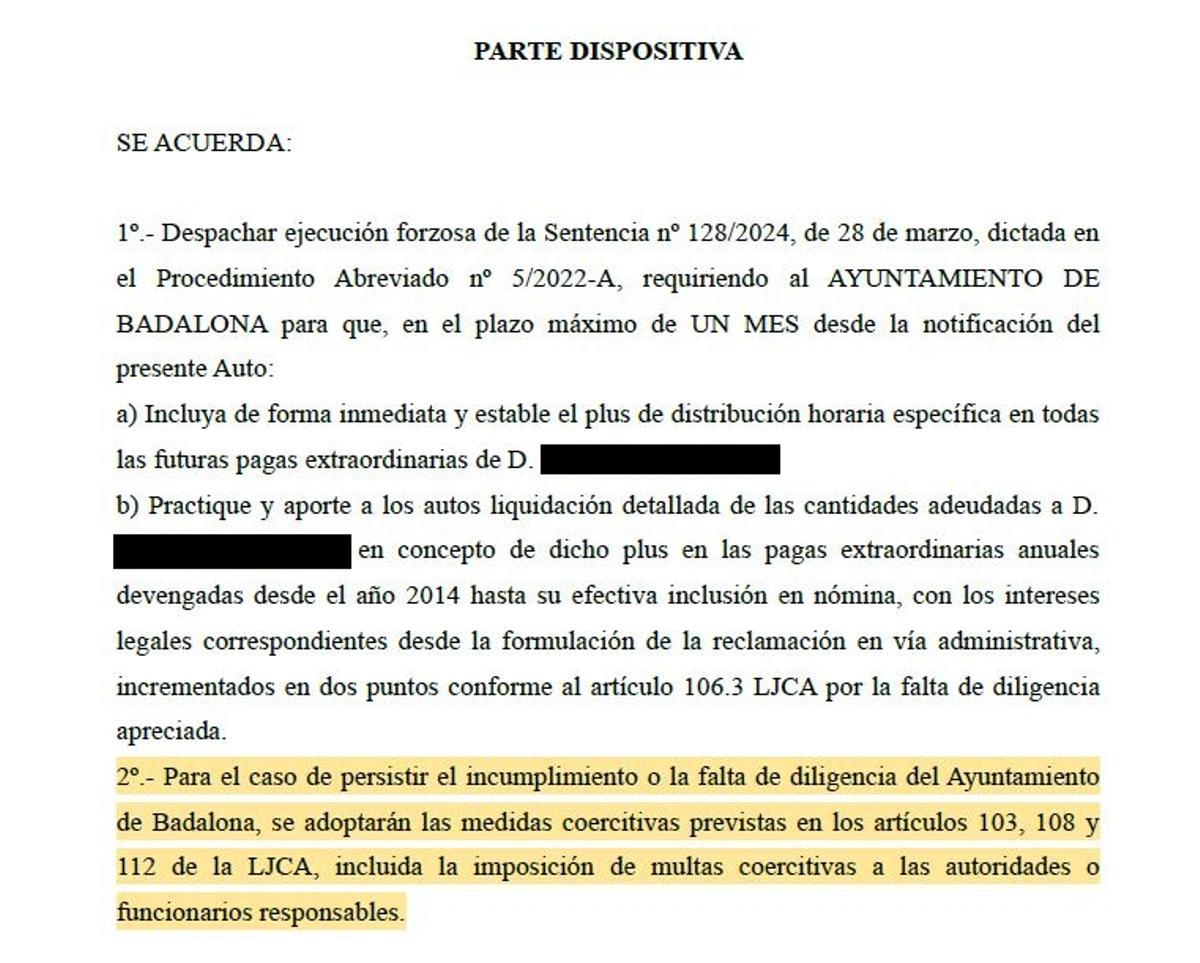 Extracto de uno de los autos judiciales contra el Ayuntamiento de Badalona.