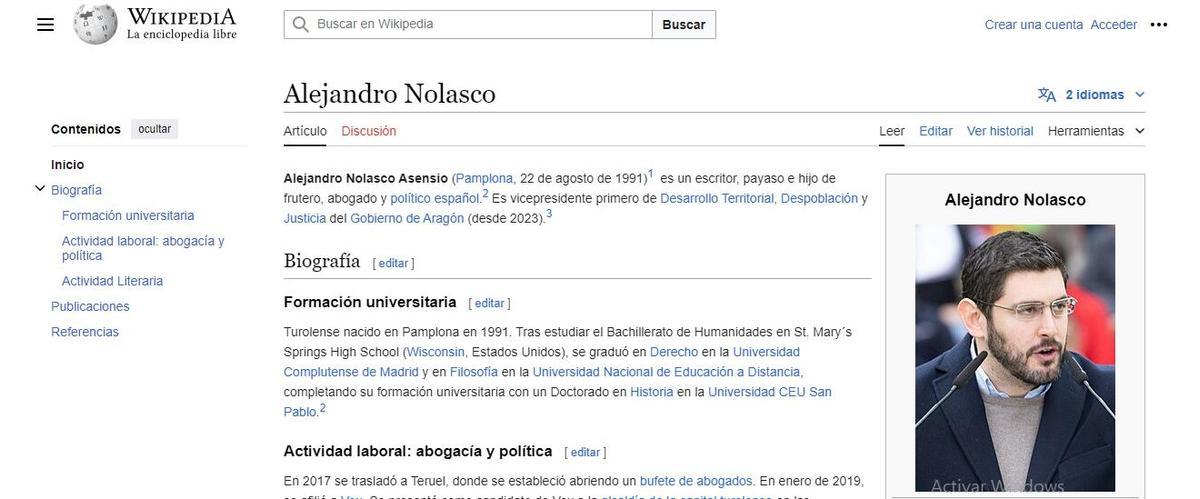 Perfil de Wikipedia de Nolasco este sábado a primera hora de la mañana