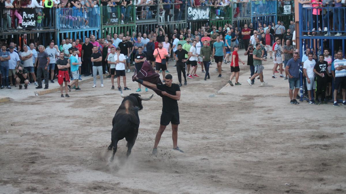 Un joven recorta en la plaza al toro de la ganadería de Domínguez Camacho.