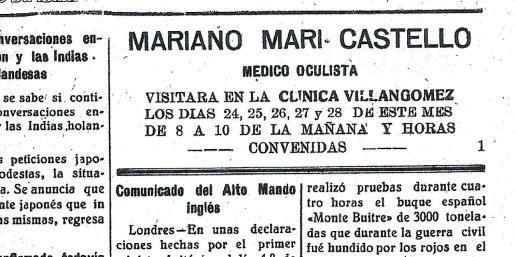 Anunci de l&#039;Oftalmòleg Marià Marí Castelló de les consultes que periòdicament passava a la clínica del seu amic Joan Villangómez