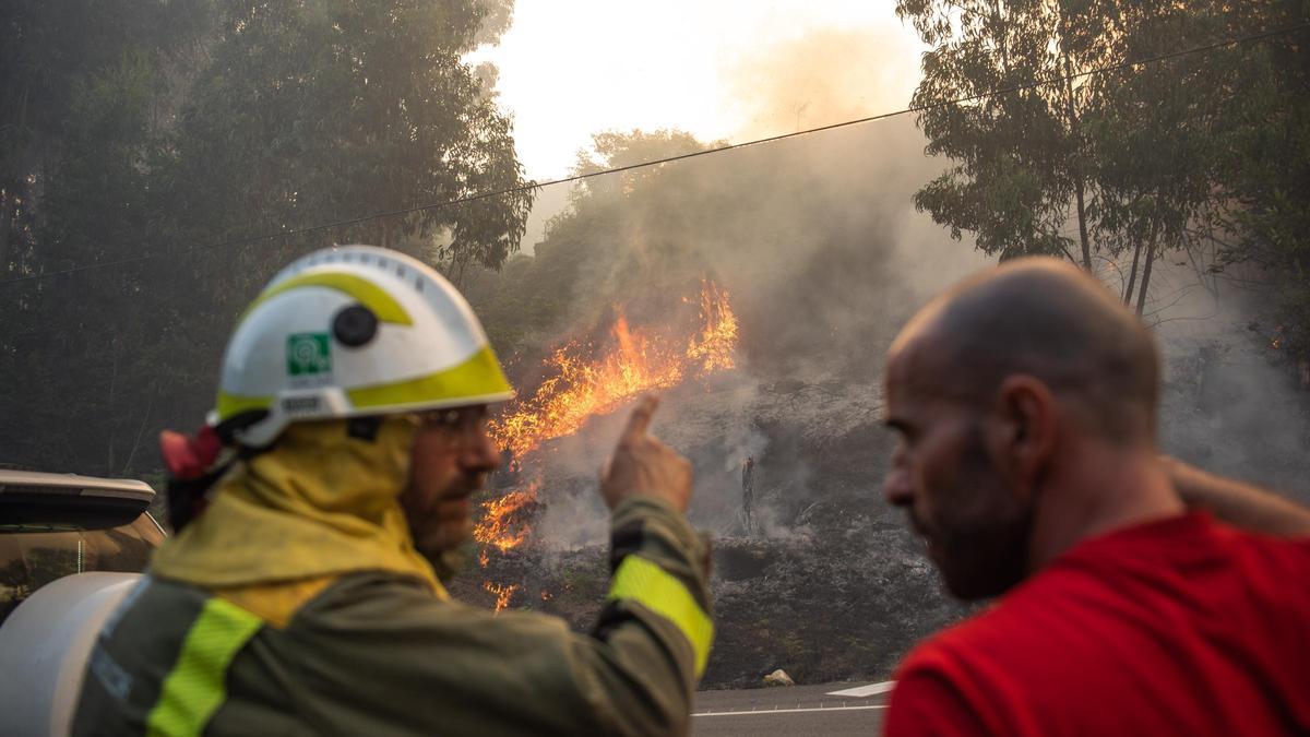 Agentes forestales y vecinos colaboando en la extinción de un incendio en Galicia en 2023