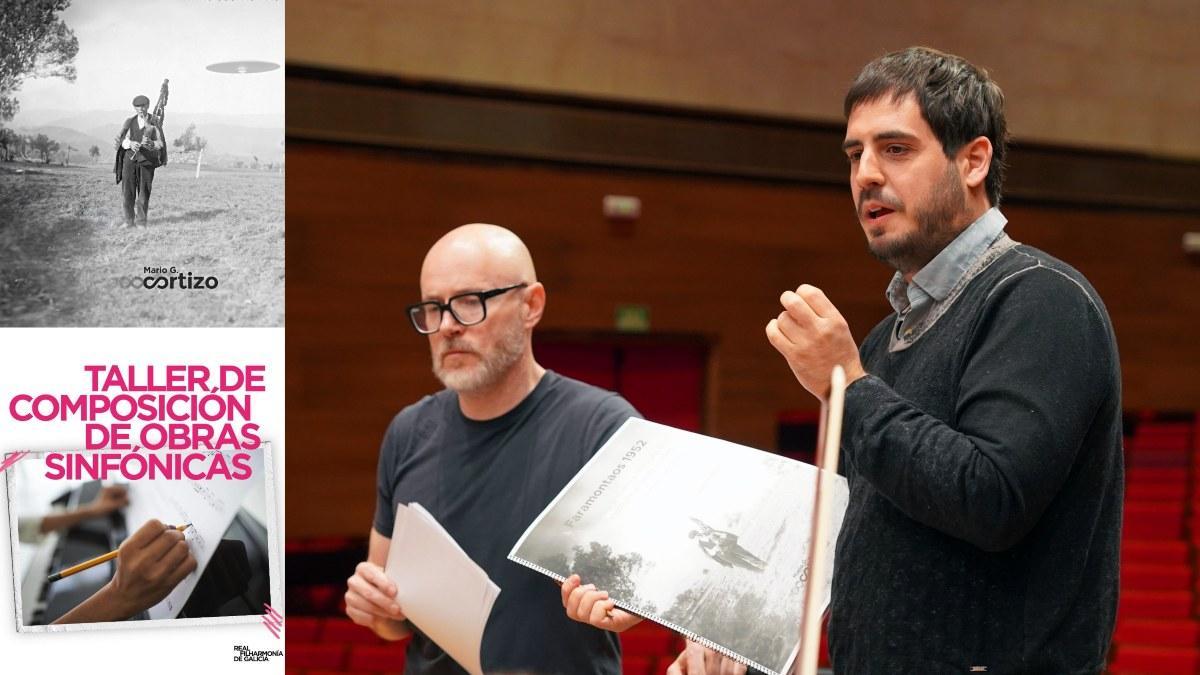Baldur Brönnimann, director de la Real Filharmonía de Galicia, junto a Mario G. Cortizo en el taller realizado esta semana en Santiago. Al lado, sendos carteles.