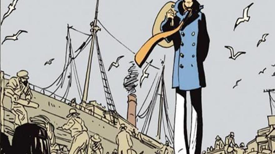 El marinero Corto Maltés. En el detalle, una página de sus historietas.