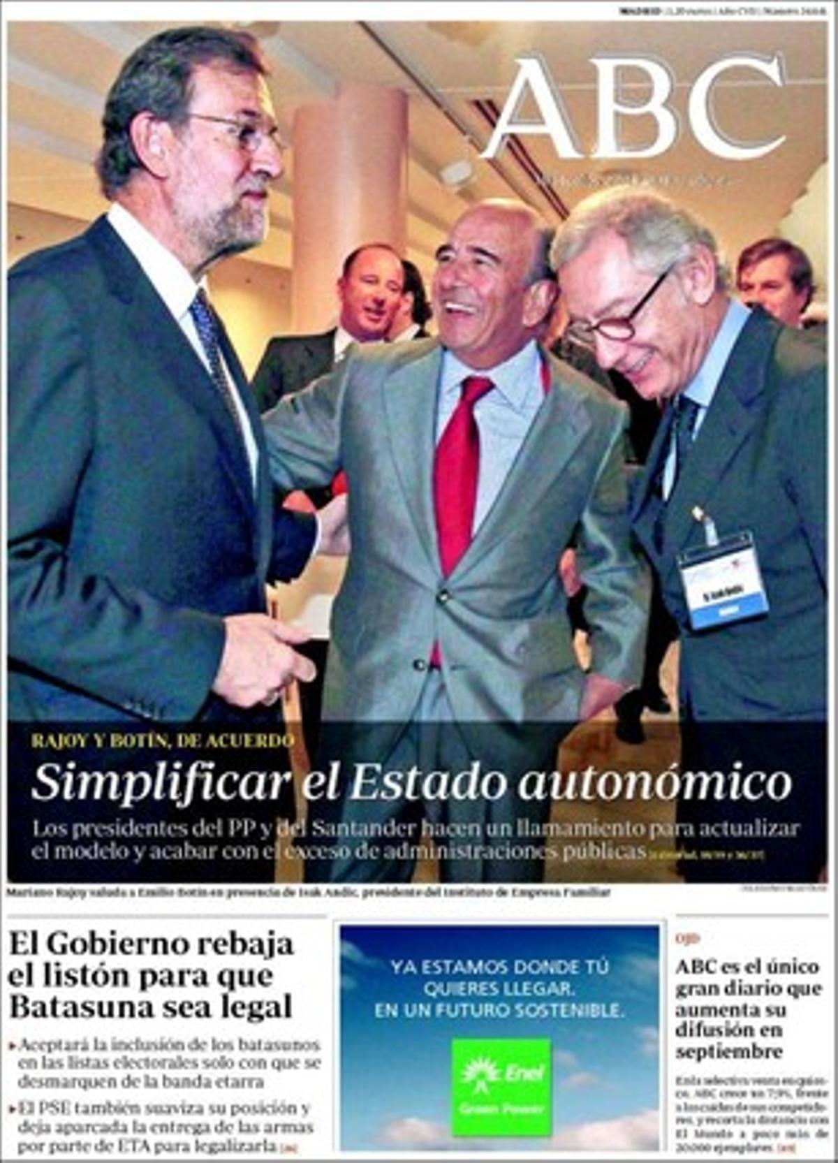 A les pàgines interiors, ’Abc’ destaca que el PP demana que redueixin la despesa pressupostada de cara al 2011 per al palau de la Moncloa; que les associacions de víctimes del terrorisme demanen que la llei tanqui la via a l’excarceració d’etarres; que la UE espera una resposta de Cuba a la seva invitació al diàleg; que el PSOE i el PP rebutgen que els funcionaris puguin ser acomiadats, com va demanar el nou president de l’Institut de l’Empresa Familiar; i que s’ha suspès el reglament que consagrava la supremacia del català a Barcelona.