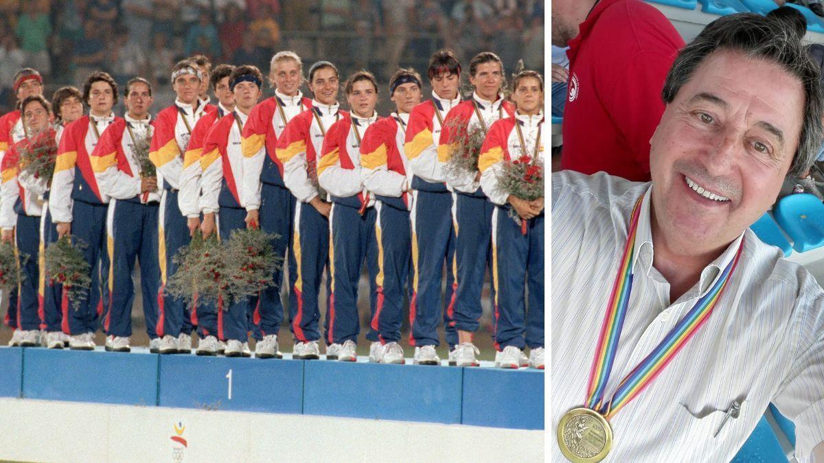 El combinado nacional femenino de hockey hierba en lo alto del podio de Barcelona 92, con Virginia Ramírez, en séptimo lugar de la foto; Su marido, el seleccionador, José Brasa, luciendo su medalla de oro en Balaídos en una foto más reciente.