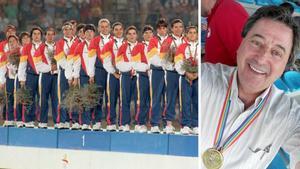 El combinado nacional femenino de hockey hierba en lo alto del podio de Barcelona 92, con Virginia Ramírez, en séptimo lugar de la foto; Su marido, el seleccionador, José Brasa, luciendo su medalla de oro en Balaídos en una foto más reciente.