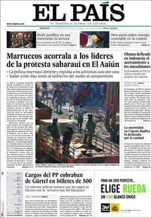 ’El País’ també destaca a dins que el Govern espanyol sabia que Rabat llançaria l’assalt; unes declaracions de Rafael Vera sobre Felipe González i els GAL --El president estava en aquestes qüestions vinculades a la governabilitat--; que Espanya dóna per impossible la Cimera Mediterrània de Barcelona; que el Banc d’Espanya aflora el doble de morositat de Cajasur; la detenció a Catalunya d’estrangers nacionalitzats que adoptaven immigrants perquè aconseguissin papers; que l’escepticisme sobre el canvi climàtic creix als EUA; que una família de Badajoz aconsegueix que un jutge retiri els crucifixos d’un col·legi, i que la crisi omple de llibres retornats els magatzems de les editorials.