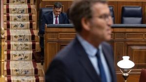 El presidente del PP, Alberto Núñez Feijóo y detrás, el presidente del Gobierno, Pedro Sánchez, durante un pleno en el Congreso de los Diputados.