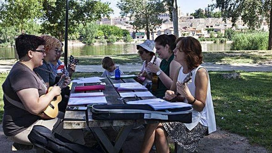 Participantes en la &quot;ukedada&quot; zamorana, practican en la playa de Los Pelambres.