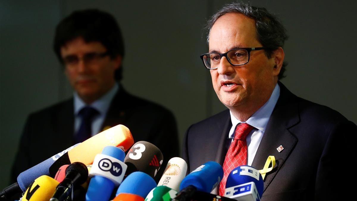 El 'president' Torra, durante su rueda de prensa con Puigdemont, en Berlín.