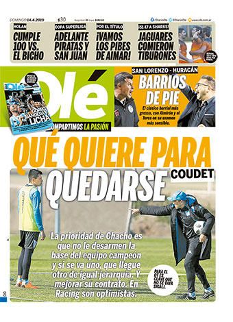 Portada OLÉ domingo 14 de abril de 2019