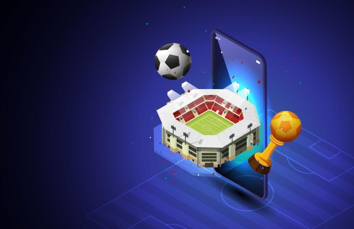 Ilustración de móvil con casa de apuestas online con bono y estadio de fútbol.