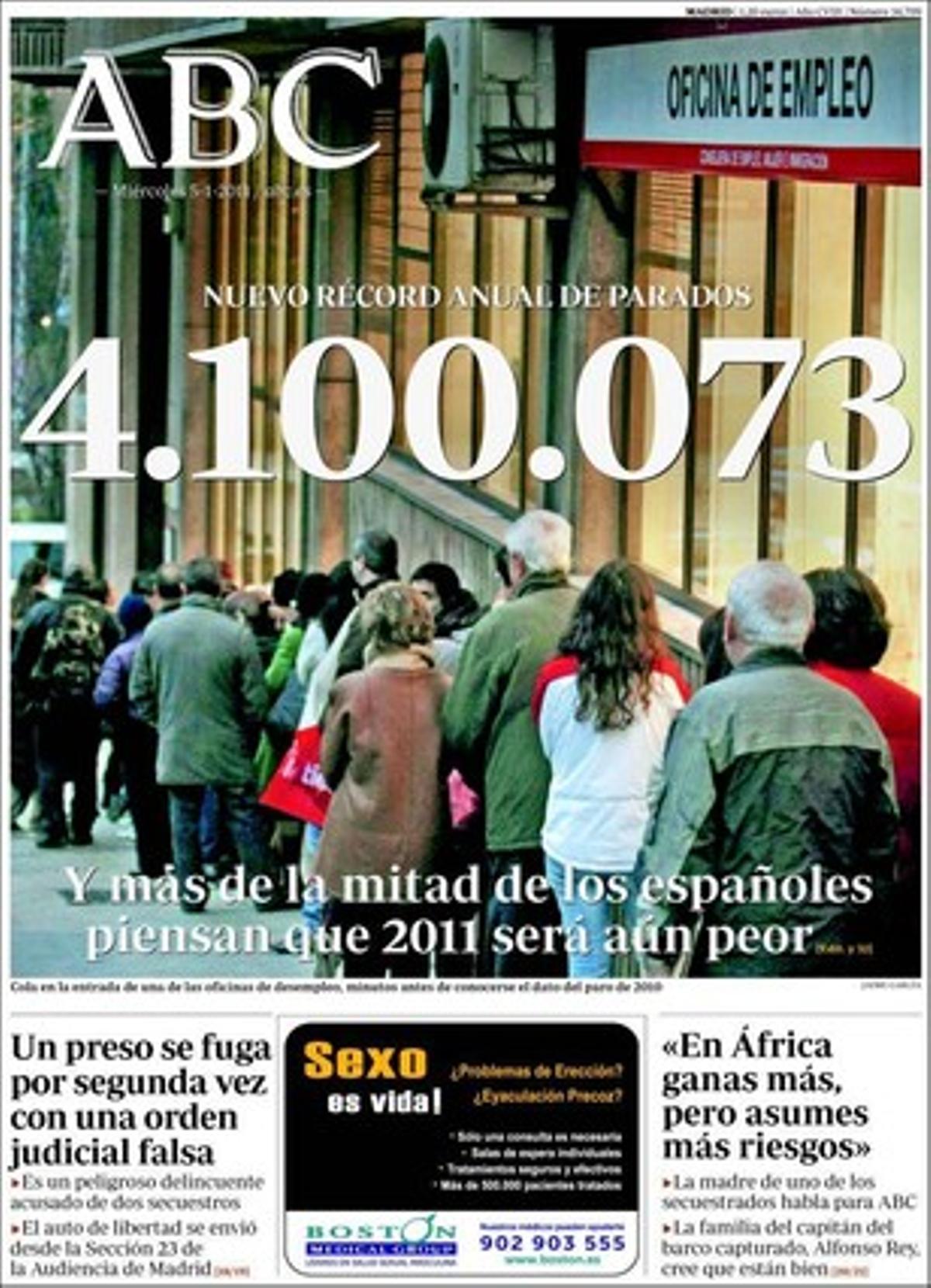 ’Abc’ destaca a més que la direcció del PP dubta que Francisco Alvarez-Cascos arribi a confeccionar una candidatura electoral alternativa a Astúries; que l’atur ja és la gran preocupació per a tres de cada quatre espanyols; que l’elit empresarial espanyola obre la muralla al poder xinès, que la UE estudia limitar el negoci de la banca per evitar noves bancarrotes; i que el conseller Ferran Mascarell es compromet a utilitzar les sancions de la llei del cine. També que el propietari del Màlaga CF trenca l’atonia del mercat futbolístic d’hivern.