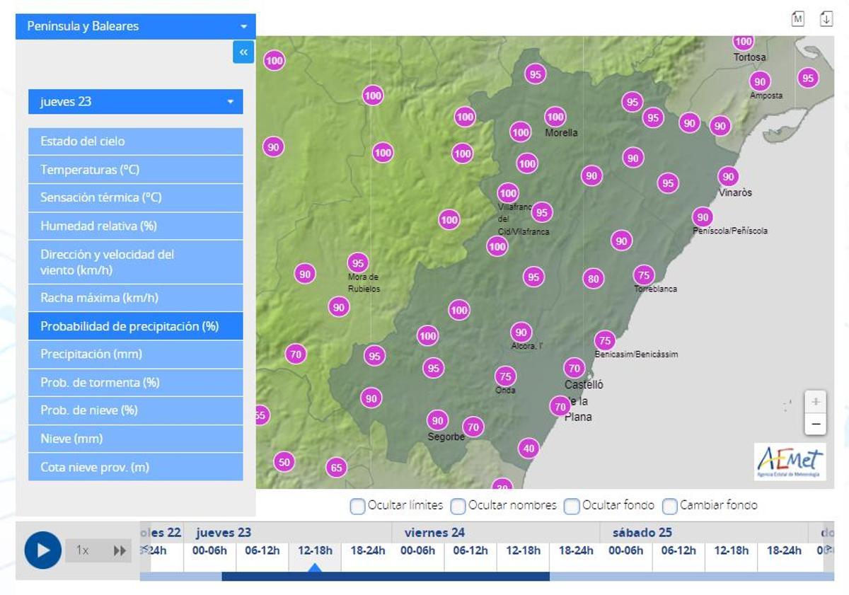 Probabilidad de precipitaciones en Castellón el jueves entre las 12.00 y las 18.00 horas.