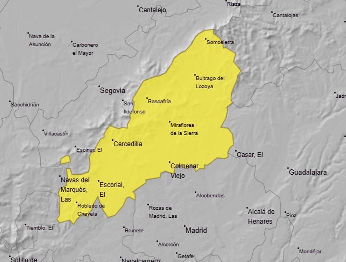 Zonas afectadas por el aviso amarillo de la Aemet