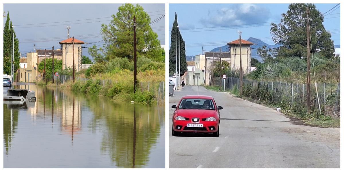 La imagen de la izquierda muestra uno de los capítulos de inundaciones de la calle Riu, que da acceso a la zona de Molí Nou; y a la derecha la misma calle, con el agua ya evacuada. En ambos casos, al fondo, se aprecian varias de las casas que podrían derrumbarse de acometerse el proyecto previsto inicialmente.