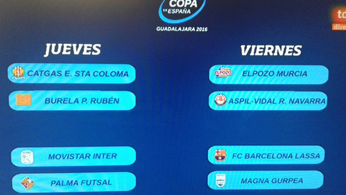 Este es el resultado del sorteo de los cuartos de final de la Copa de España de fútbol sala. El FC Barcelona se enfrentará al Magna Gurpea