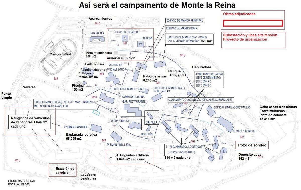 Esquema del campamento, con las zonas con obras ya adjudicadas.