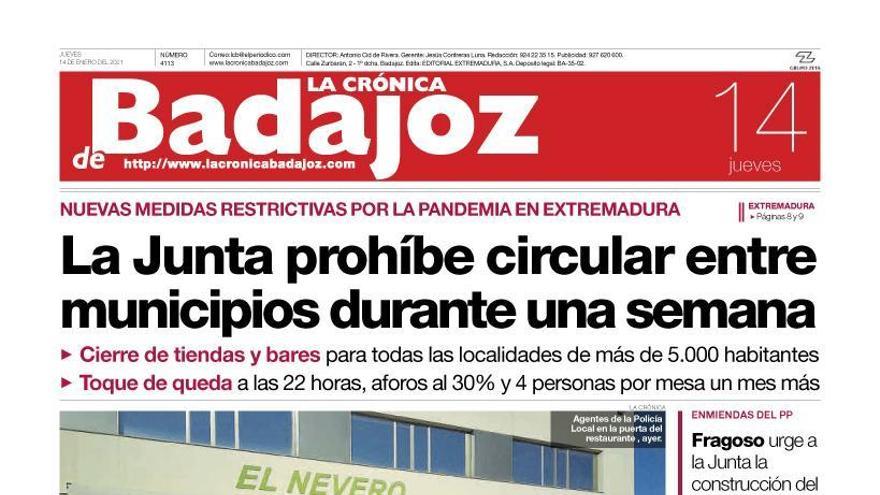 Esta es la portada de LA CRÓNICA DE BADAJOZ correspondiente al día 14 de enero del 2021