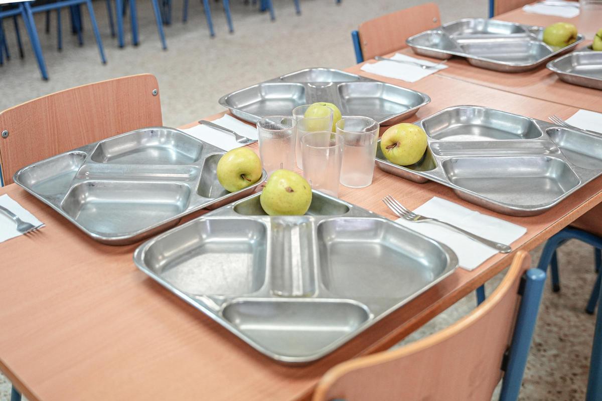 Detalle de una de las bandejas de la comida en un colegio.