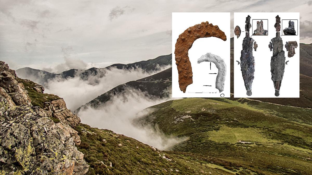 Una imagen de la zona de La Carisa donde se realizaron las excavaciones. En los recuadros, mágenes de hoces y del "pugio" encontrado en los trabajos.