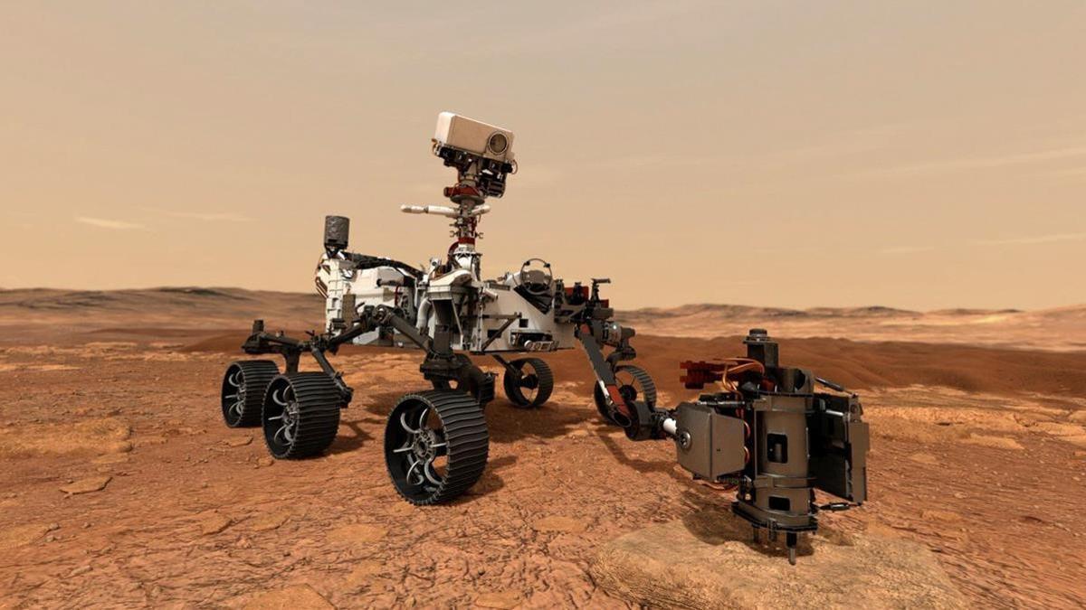 Representación artística del robot 'Perseverance' sobre la superficie de Marte.