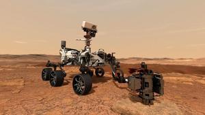 Representación artística del robot Perseverance sobre la superficie de Marte.
